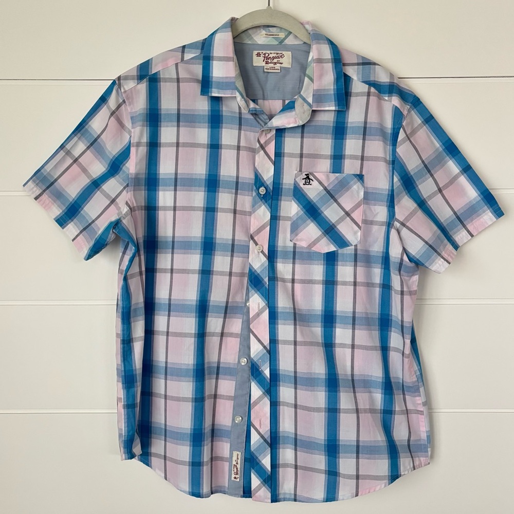 Original Penguin Men's Short Sleeve Lightweight Plaid Button Dow Shirt Large
